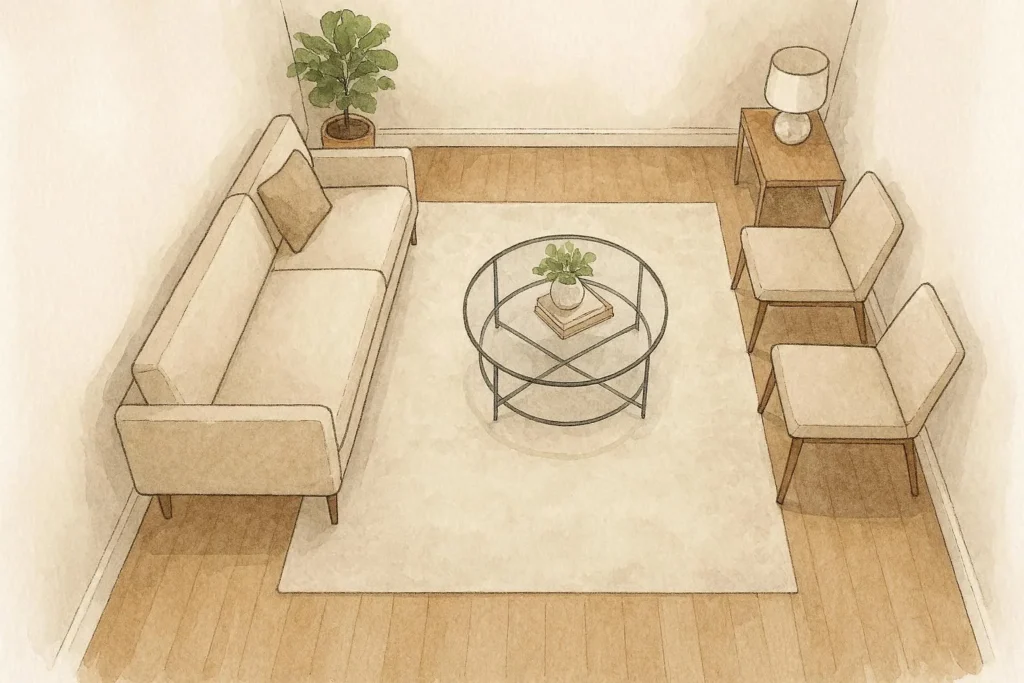 Bird's eye view of a narrow living room furniture layout with sofa along the long wall and clear walkway