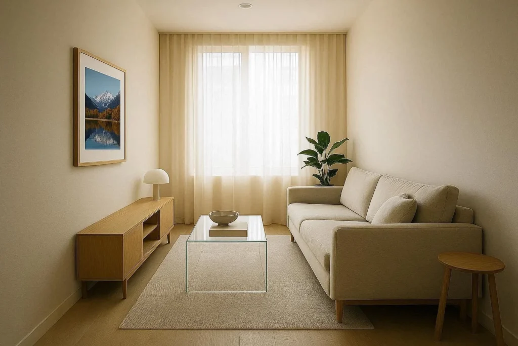 Narrow rectangular living room with slim leggy sofa and glass coffee table to maximize space