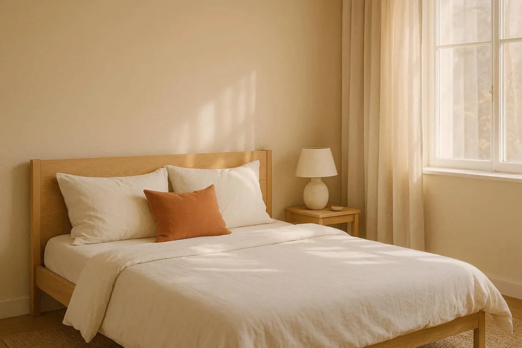Cozy bedroom with warm neutral color palette including beige walls and cream linen bedding