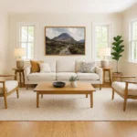 Rectangular living room furniture arrangement with floating sofa and accent chairs