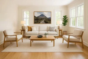 Rectangular living room furniture arrangement with floating sofa and accent chairs