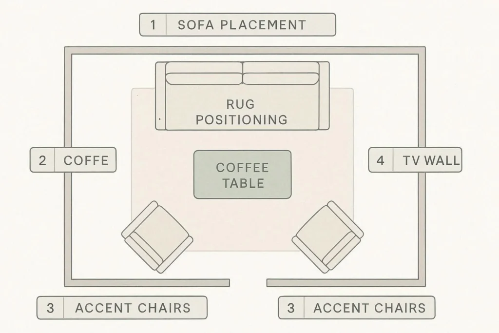 Floor plan layout diagram for arranging furniture in a rectangular living room