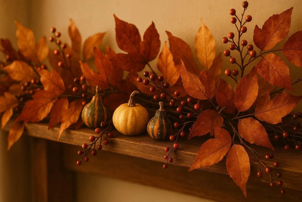 Autumn garland with dried leaves and berry branches draped across a wooden shelf for fall home decor