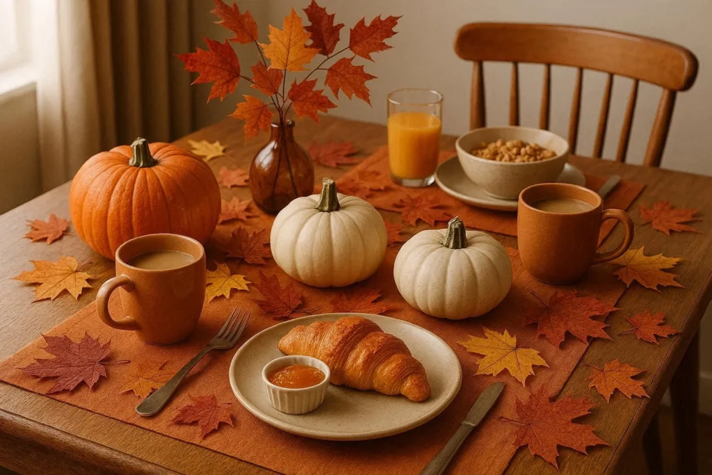 Seasonal breakfast table decor with autumn leaves, pumpkins and warm tones