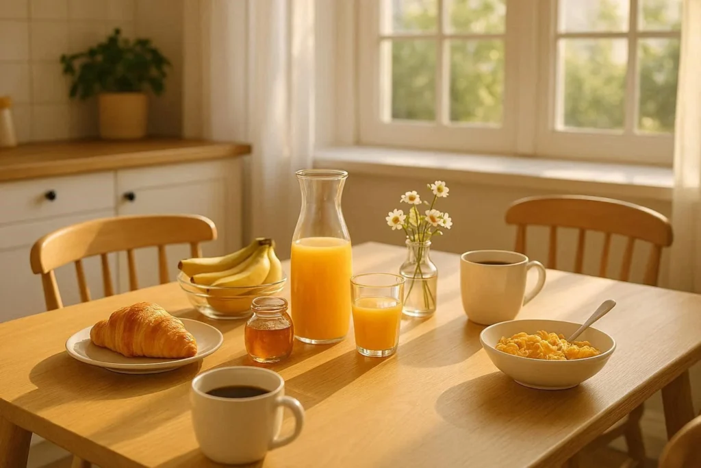 Simple and welcoming breakfast table setup in a bright morning kitchen