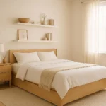 Small bedroom decor ideas with light walls, storage bed, and floating shelves