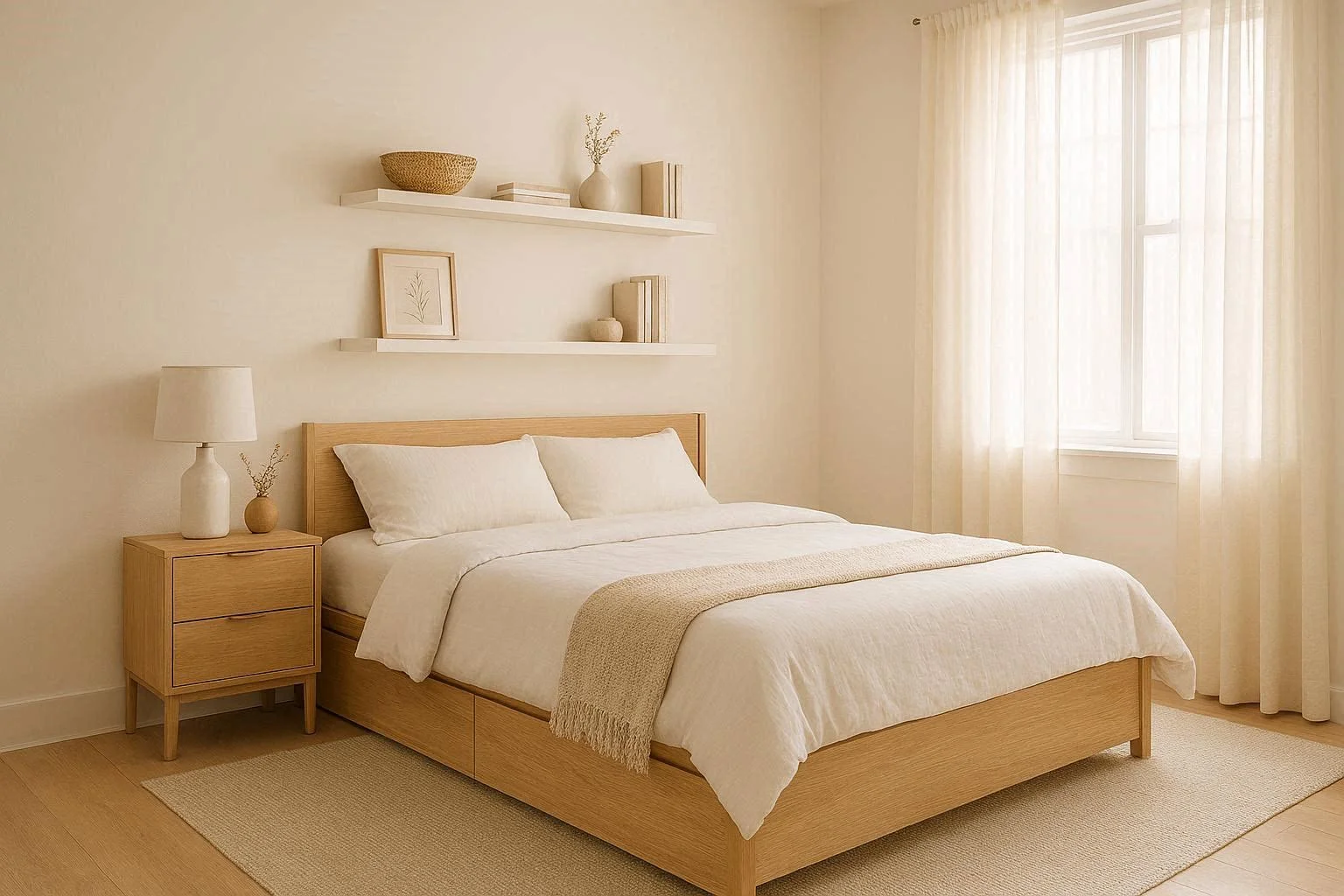 Small bedroom decor ideas with light walls, storage bed, and floating shelves