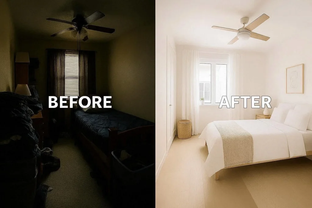 Before and after small bedroom decorating transformation with smart storage and light colors