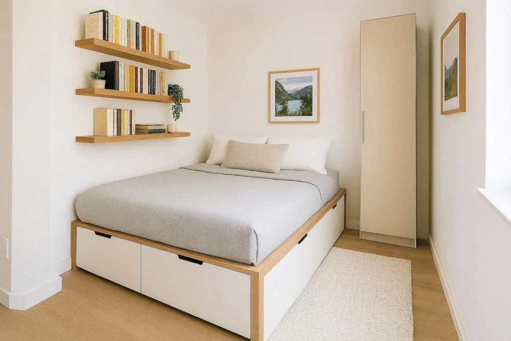 Small bedroom decorating ideas with under-bed storage, floating shelves, and smart furniture layout