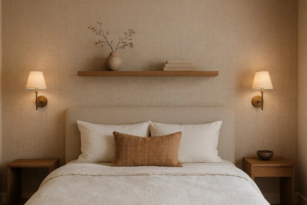 Statement wall with wall sconces and floating shelf in a small bedroom
