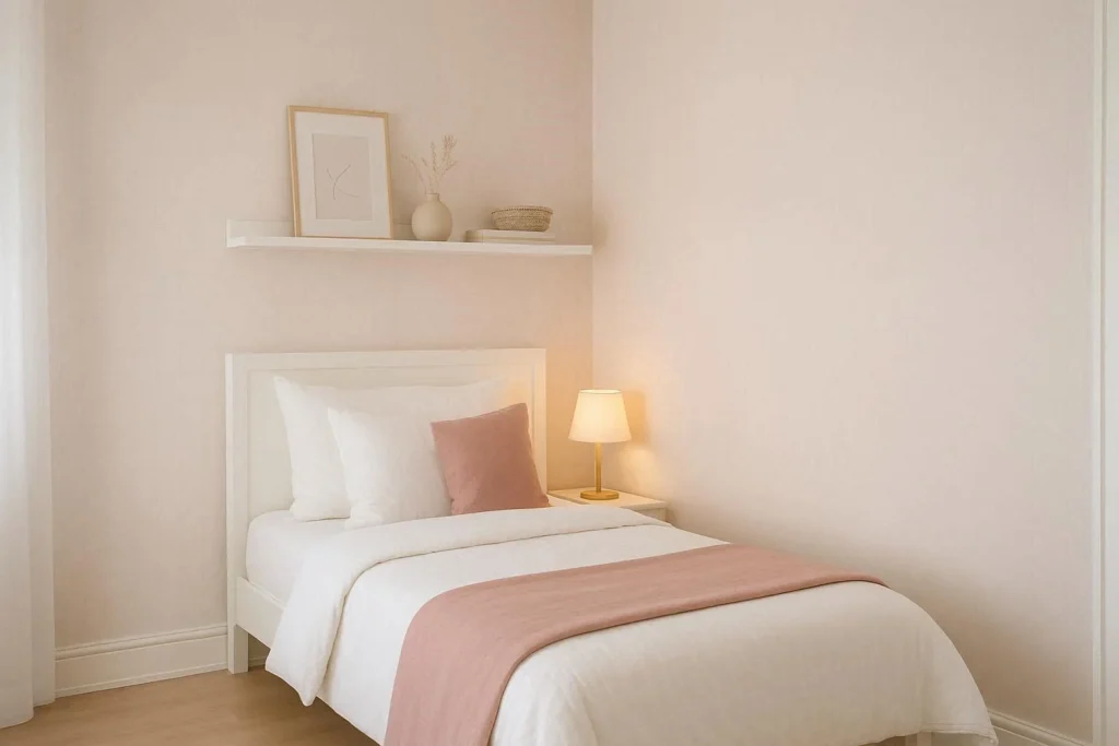 Small bedroom wallpaper ideas with pale blush geometric pattern and bright white decor