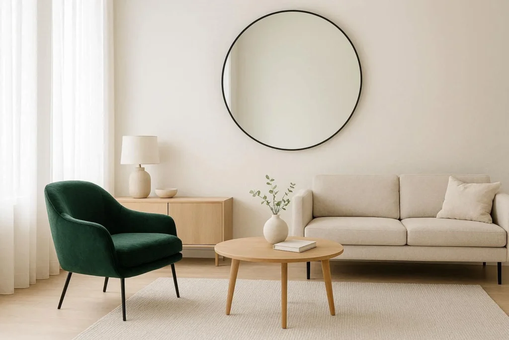 Small modern lounge with velvet armchair, large mirror, and minimal decor