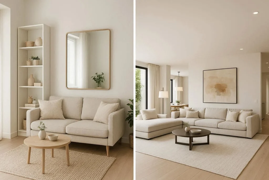 Side by side comparison of small and large living hall decoration ideas with smart furniture and lighting