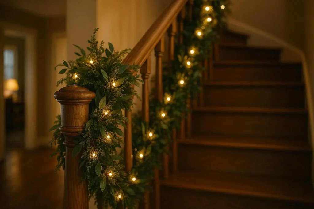 Staircase banister wrapped in a green garland with fairy lights for holiday home decorating