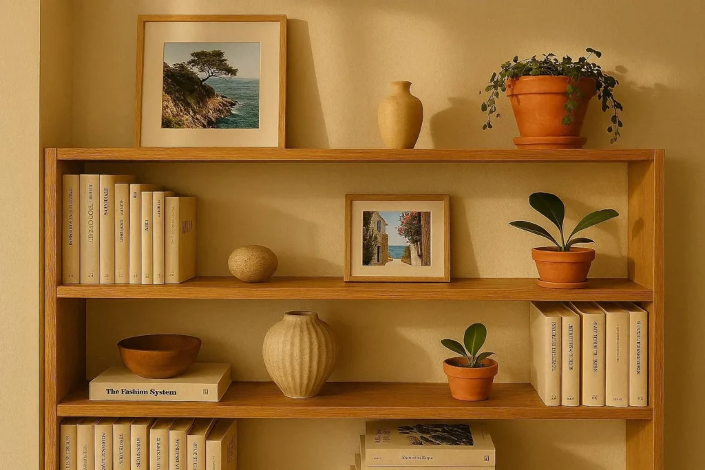 Styled lounge shelf with books, plants, and decorative objects at varied heights