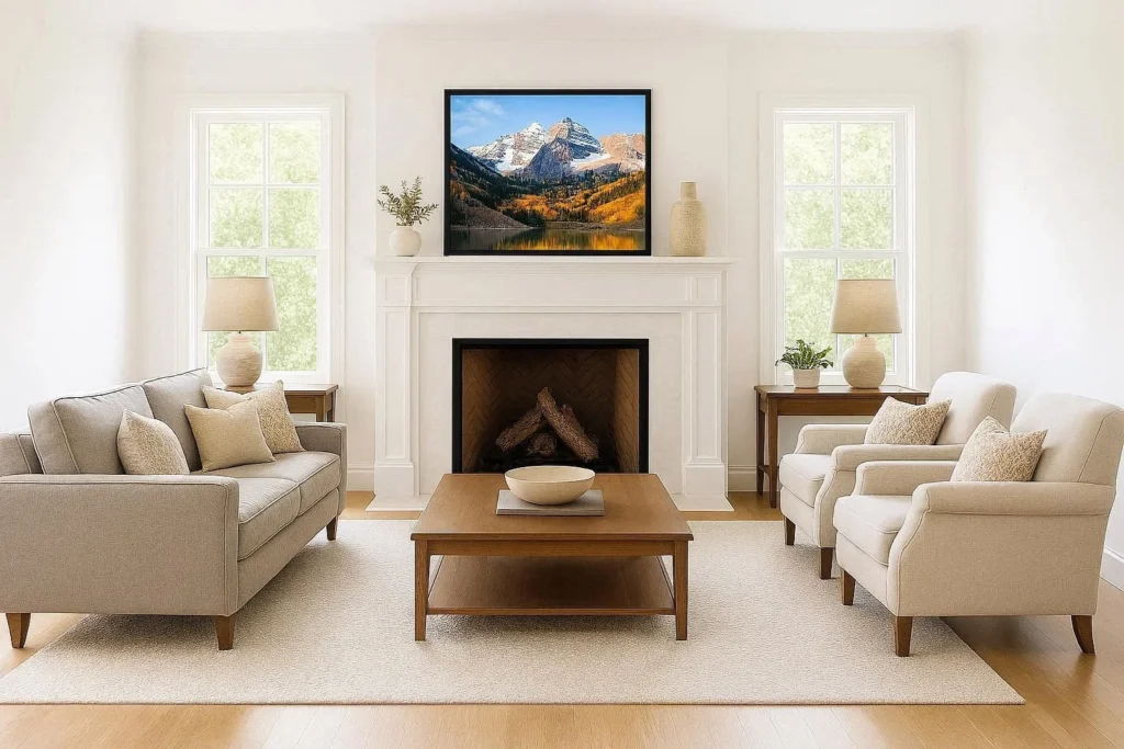 Symmetrical seating arrangement in a rectangular living room centered on a fireplace