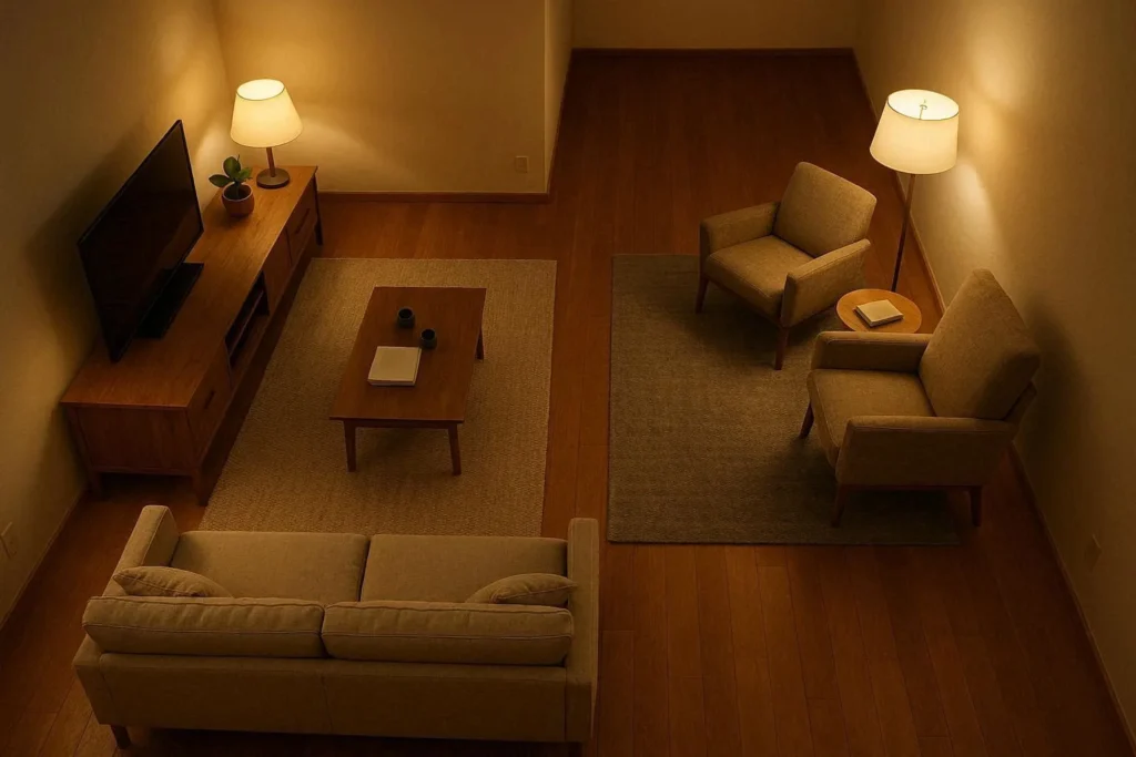 Long rectangular living room divided into two functional zones using rugs and furniture placement