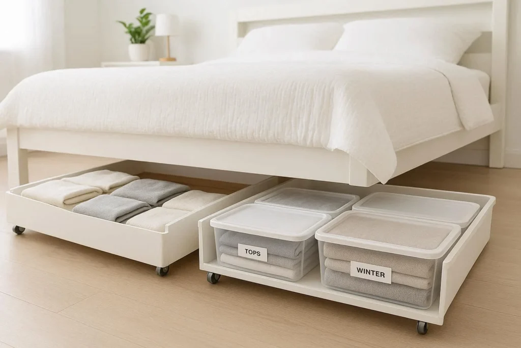 Under-bed storage ideas for small bedrooms with rolling drawers and bins