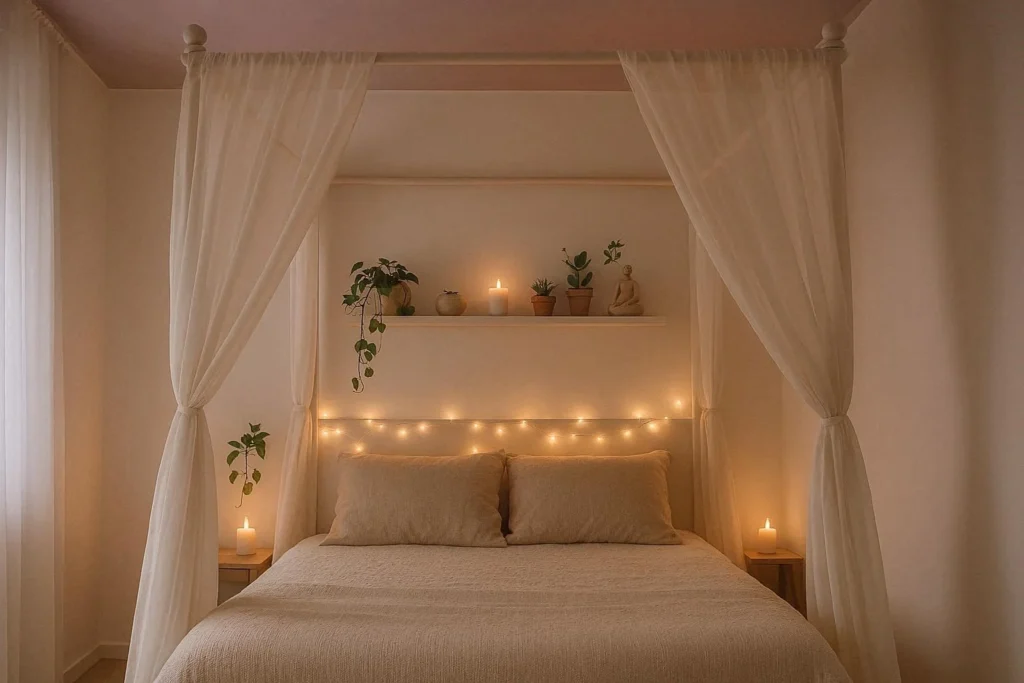 Whimsical bedroom with dusty lilac painted ceiling, canopy bed, and fairy lights