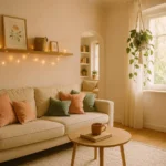 Whimsical living room with fairy lights, macramé planters, and pastel mismatched cushions