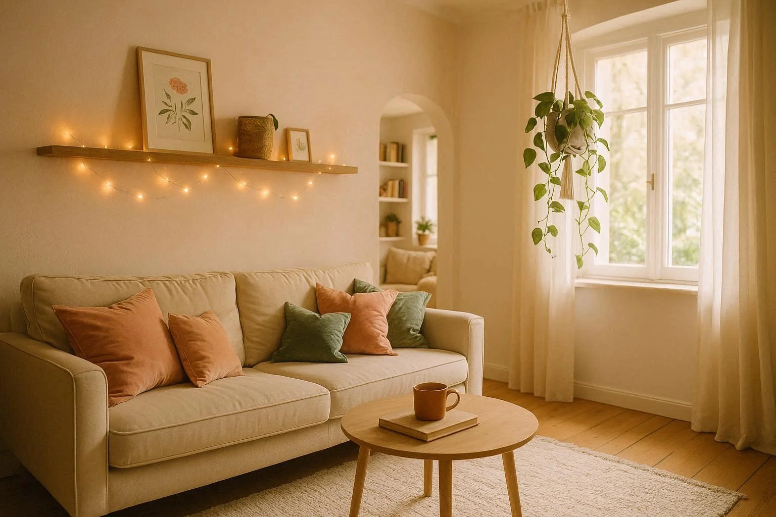 Whimsical living room with fairy lights, macramé planters, and pastel mismatched cushions