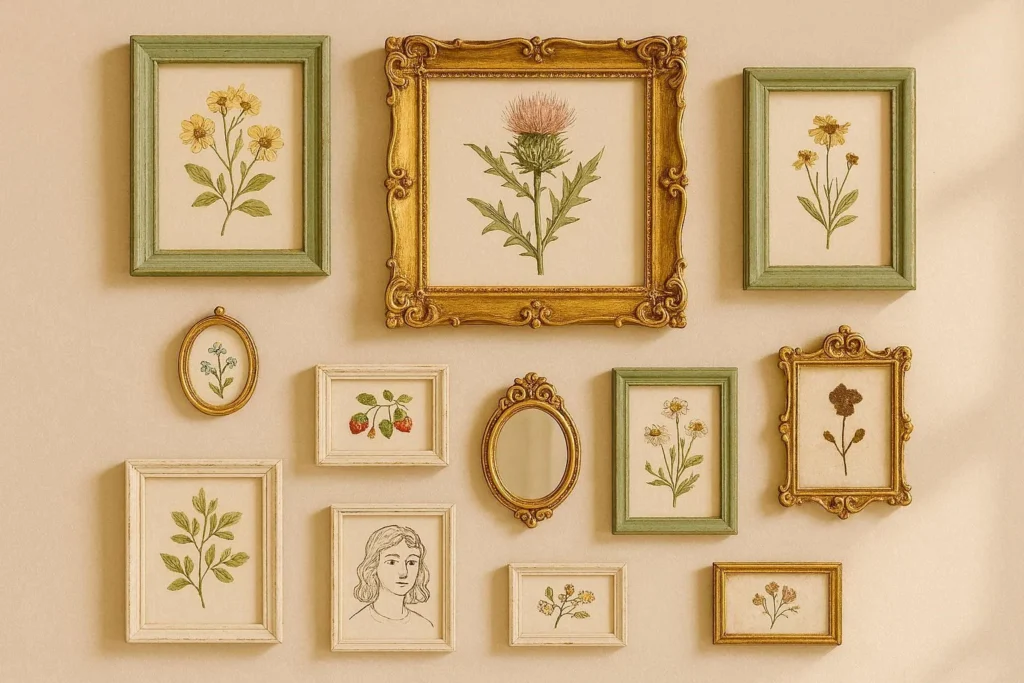 Whimsical gallery wall with mismatched vintage frames, botanical prints, and a small mirror