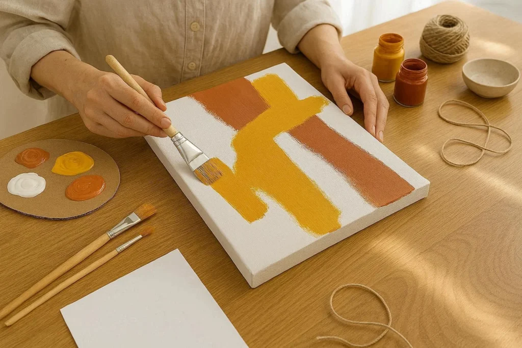Person painting abstract canvas wall art with acrylic paints in warm colors