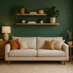 Accent wall ideas for living room with deep green painted wall behind beige sofa