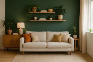 Accent wall ideas for living room with deep green painted wall behind beige sofa