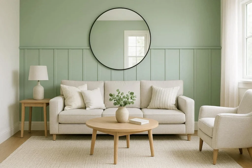 Accent wall ideas for small living room with sage green paint and round mirror