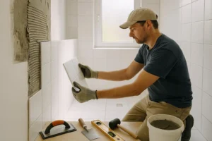 Professional contractor installing tiles during a bathroom renovation project
