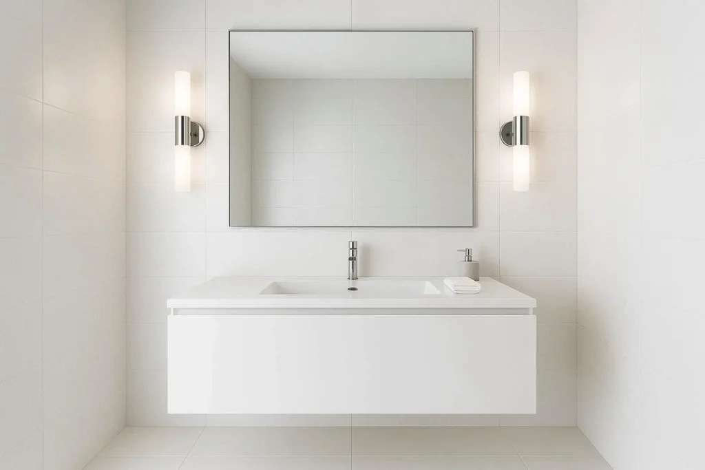 Chrome wall sconces placed on either side of a bathroom vanity mirror for flattering shadow-free light
