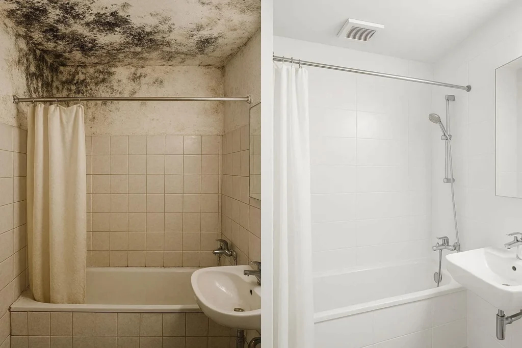 Comparison of poor bathroom ventilation with mould versus a well-ventilated modern bathroom