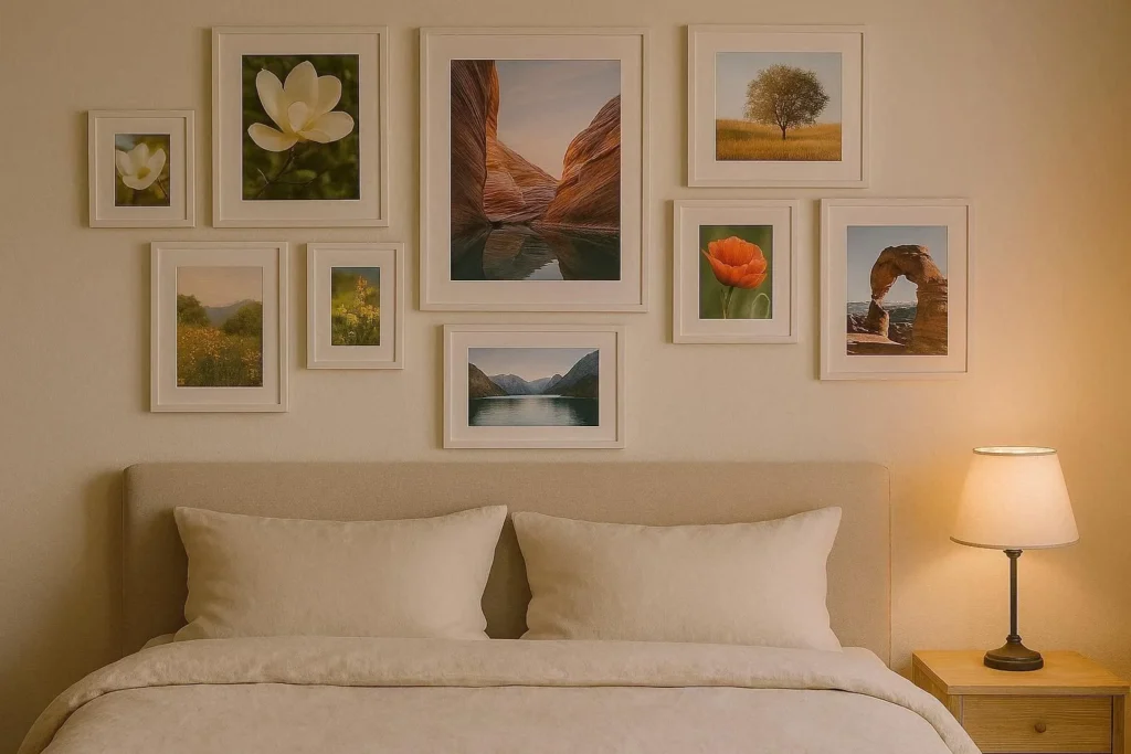 Bedroom gallery wall with pastel art prints and white frames above an upholstered headboard