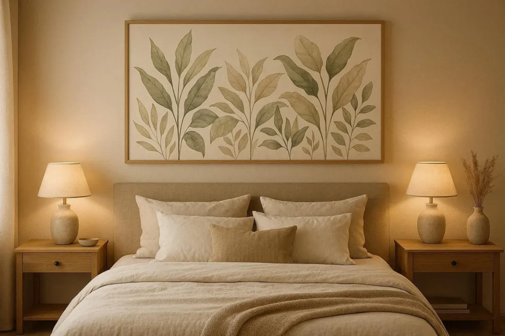 Wide botanical art print hung above a modern bed with a linen headboard in a neutral bedroom