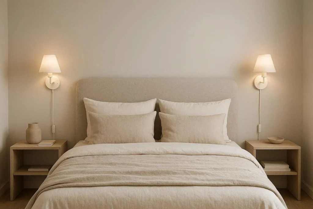 Symmetrical bedroom wall sconces on either side of bed for a balanced and cozy look