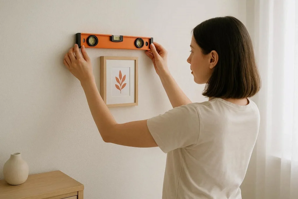 Beginner using a level to hang framed wall art on a light colored wall