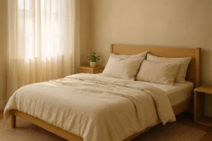 Warm beige bedroom with linen bedding, light wood furniture, and natural textures