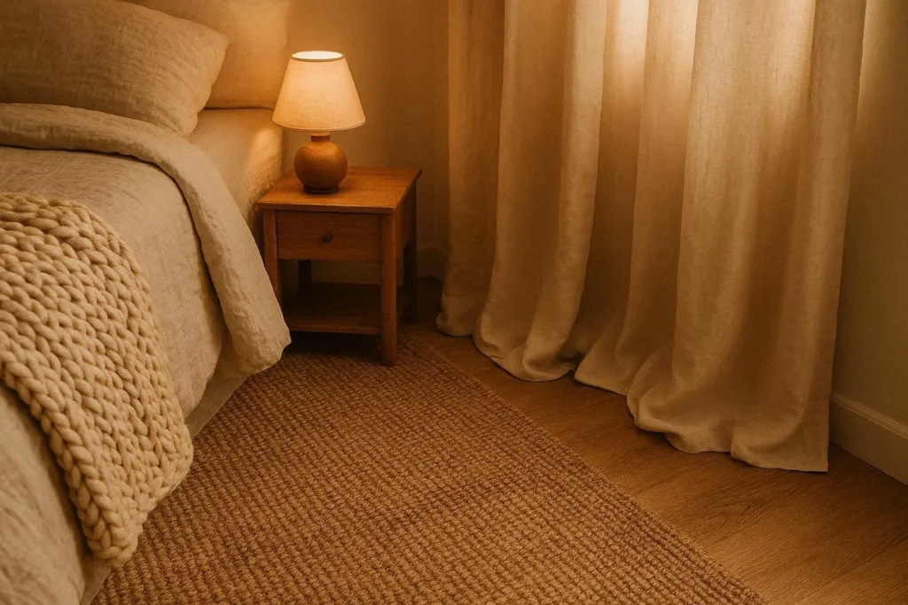 Cozy beige bedroom with jute rug, linen curtains, and layered soft textures