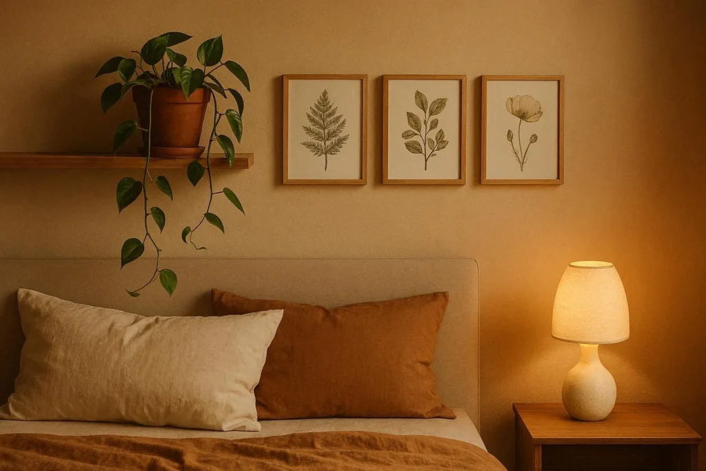 Beige bedroom wall with botanical art gallery, potted plant, and warm lamp