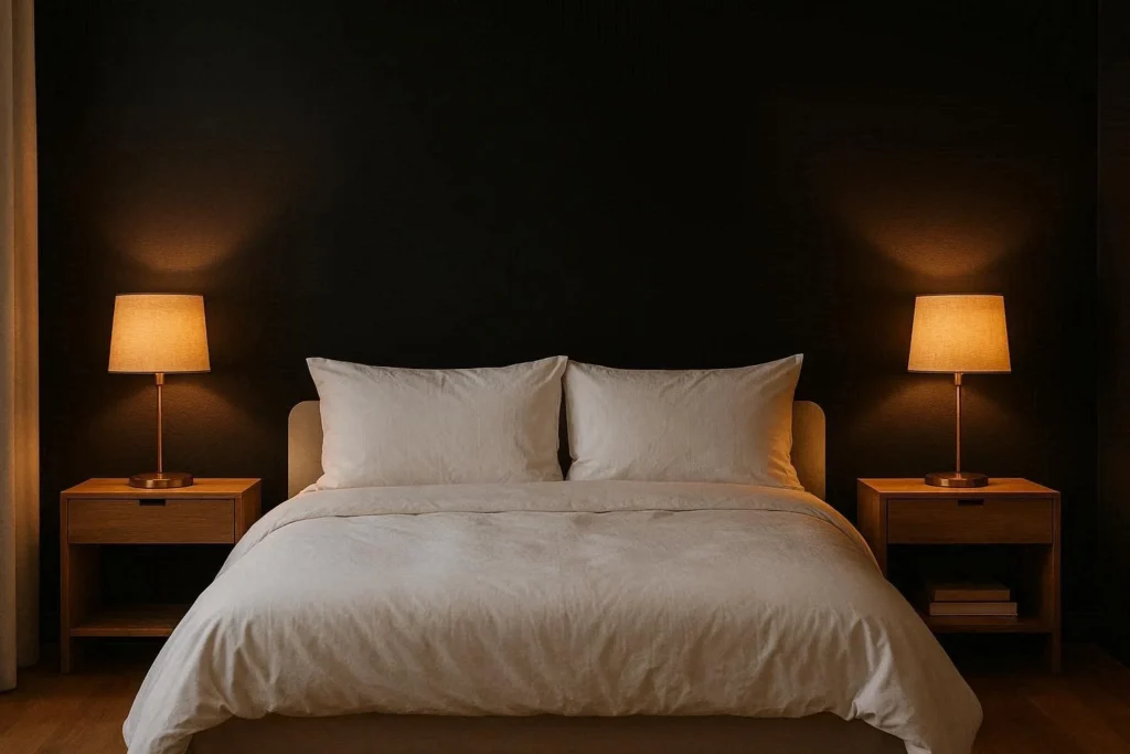 Bedroom with bold black accent wall behind white bed and warm bedside lighting