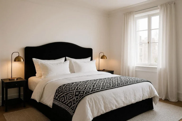 Black and white bedroom with upholstered headboard, layered bedding, and warm lighting