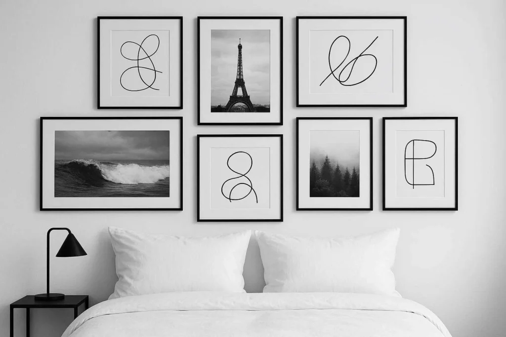 Gallery wall of black and white framed art prints above a white bed in a monochrome bedroom