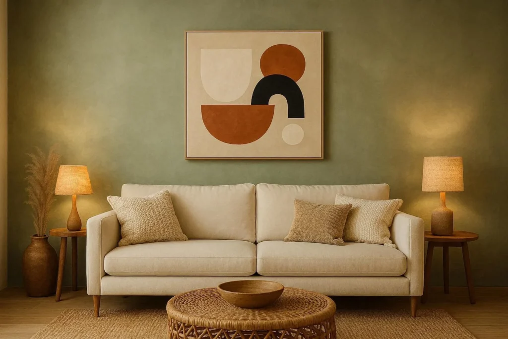 Sage green limewash accent wall in a cozy living room with abstract art above cream sofa
