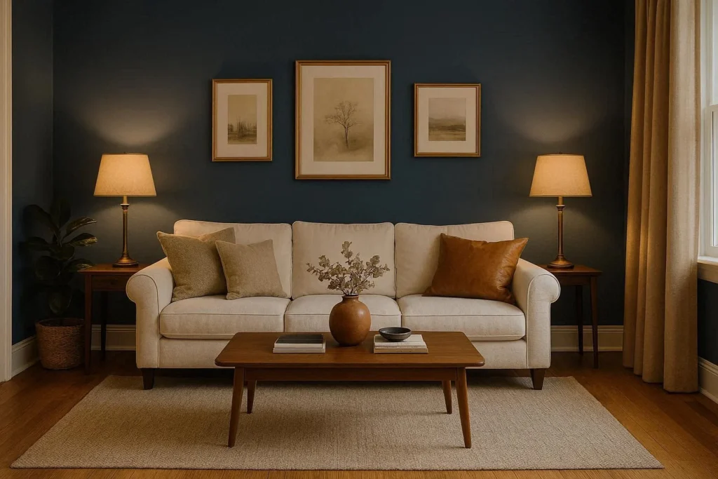 Bold navy blue color accent wall in a modern living room with white sofa