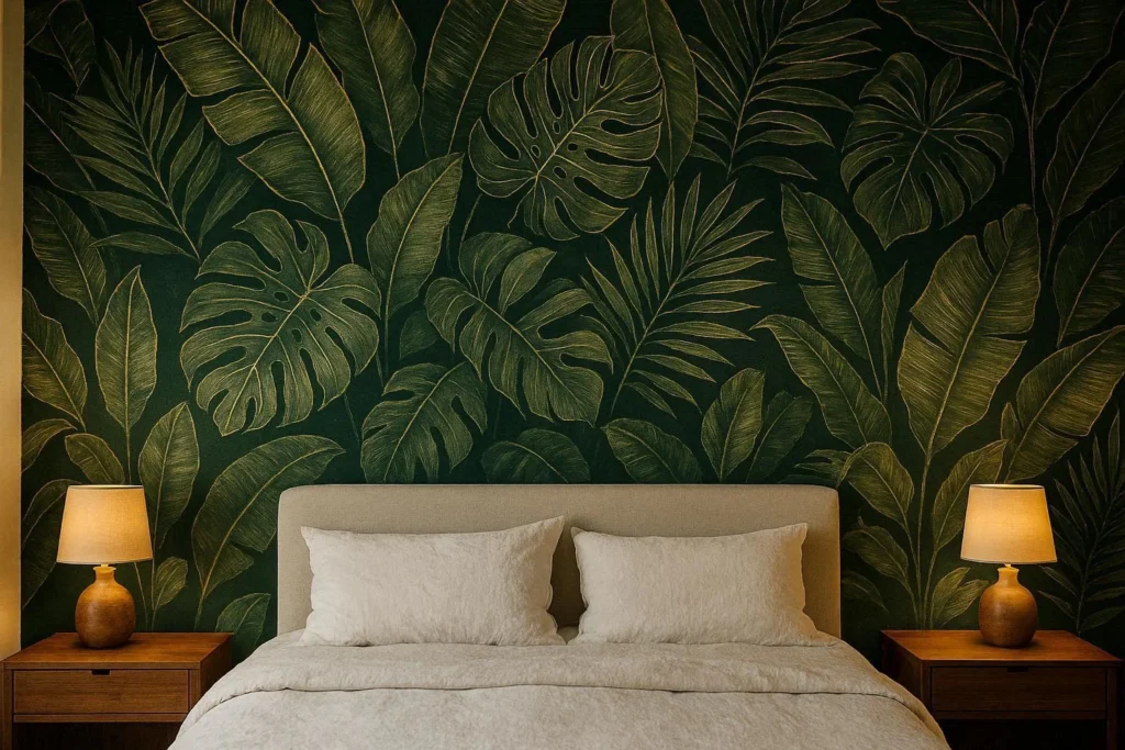 Botanical mural wallpaper on a large bedroom wall with white linen bedding and warm lighting