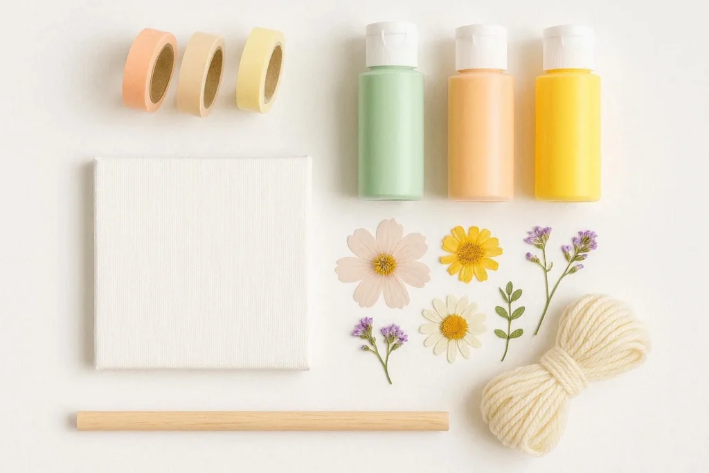 Budget DIY wall decor supplies including washi tape canvas paint yarn and pressed flowers