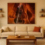 Decoration ideas for a large wall with oversized art and floating shelves in a modern living room