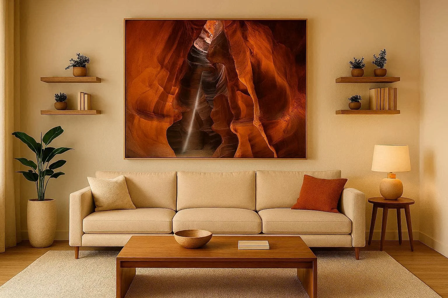 Decoration ideas for a large wall with oversized art and floating shelves in a modern living room