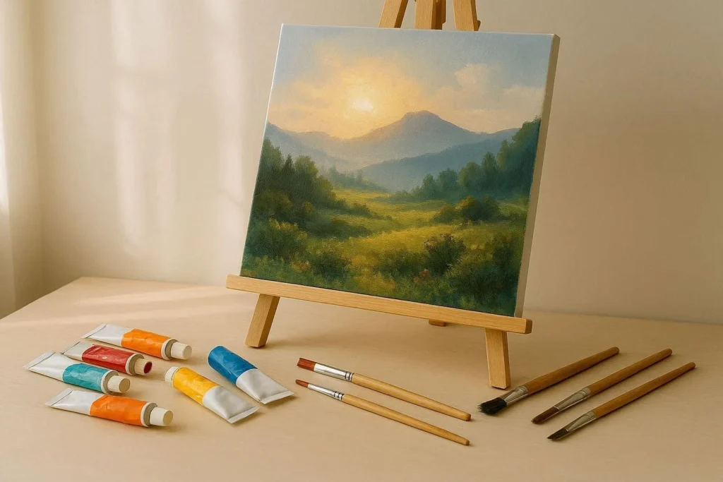 DIY painted canvas wall art with acrylic paints and brushes